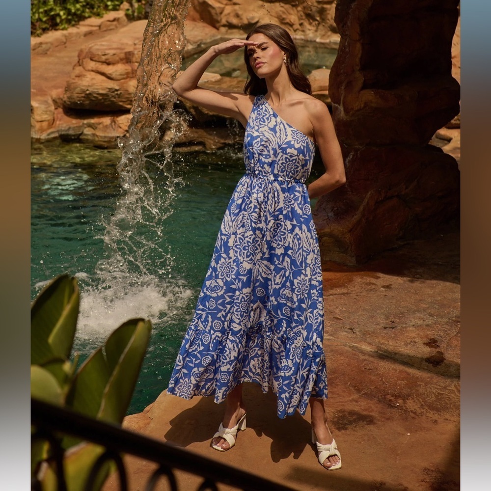 SugarLips Marny Floral Elya One Shoulder Maxi Dress Blue White